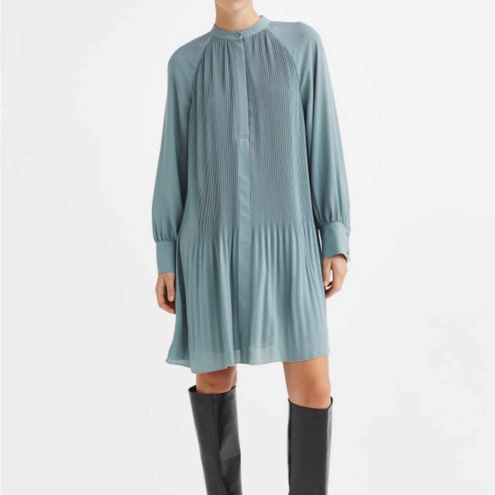 H&M Blue Long Sleeve Pleated Neck Dress, XL, Like New